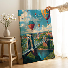 Bristol Travel Poster – Cityscape and Clifton Suspension Bridge Print featuring hot air balloons and scenic views.