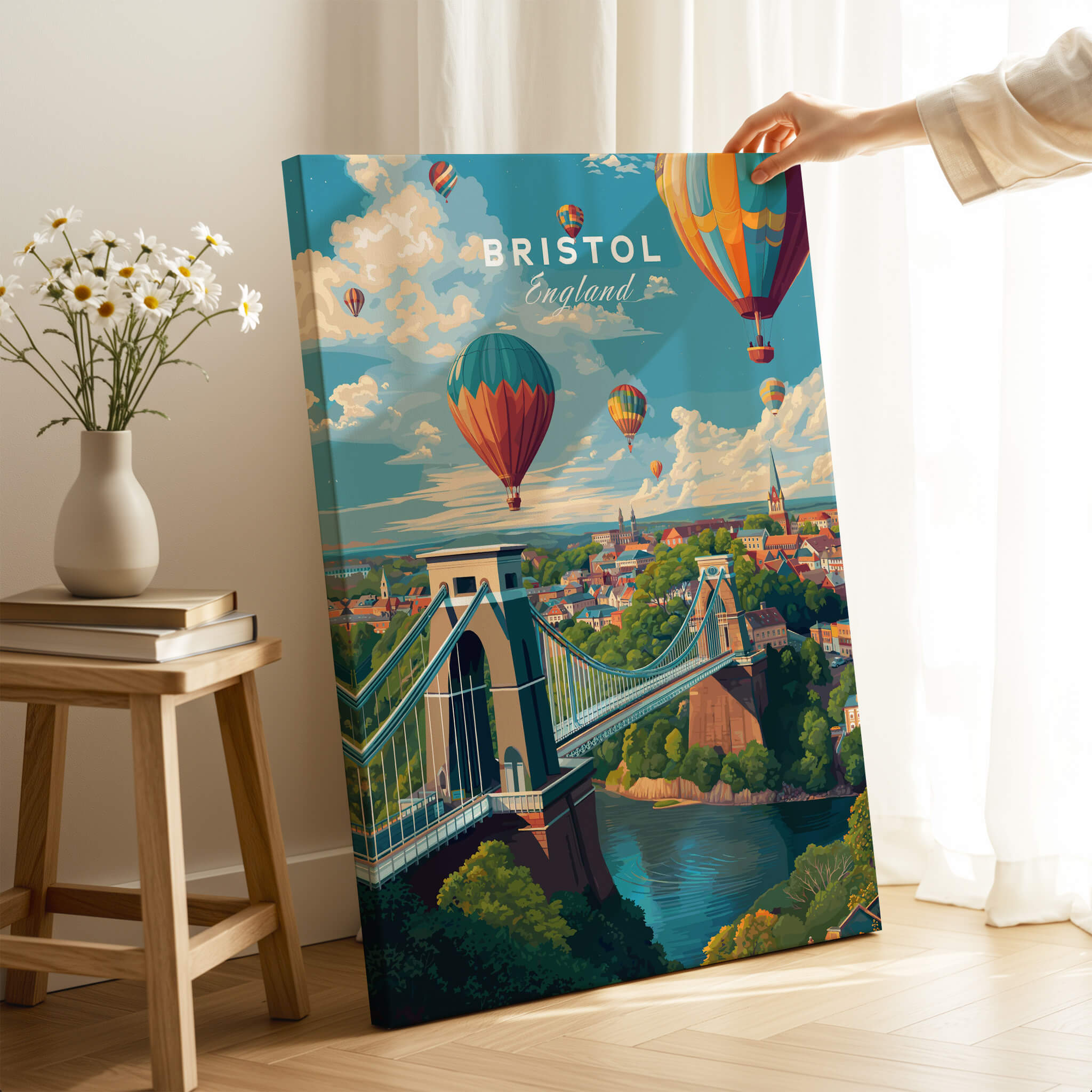 Bristol Travel Poster – Cityscape and Clifton Suspension Bridge Print featuring hot air balloons and scenic views.
