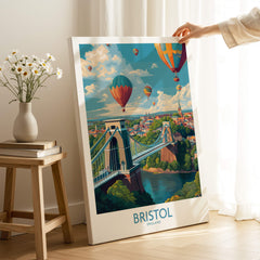 Bristol England Print – Hot Air Balloons Over Historic City Wall Art displayed in a cozy interior setting.