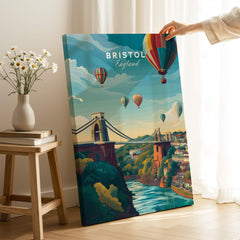 Bristol Art Print - Clifton Bridge Poster featuring hot air balloons and the iconic Clifton Bridge scenery.