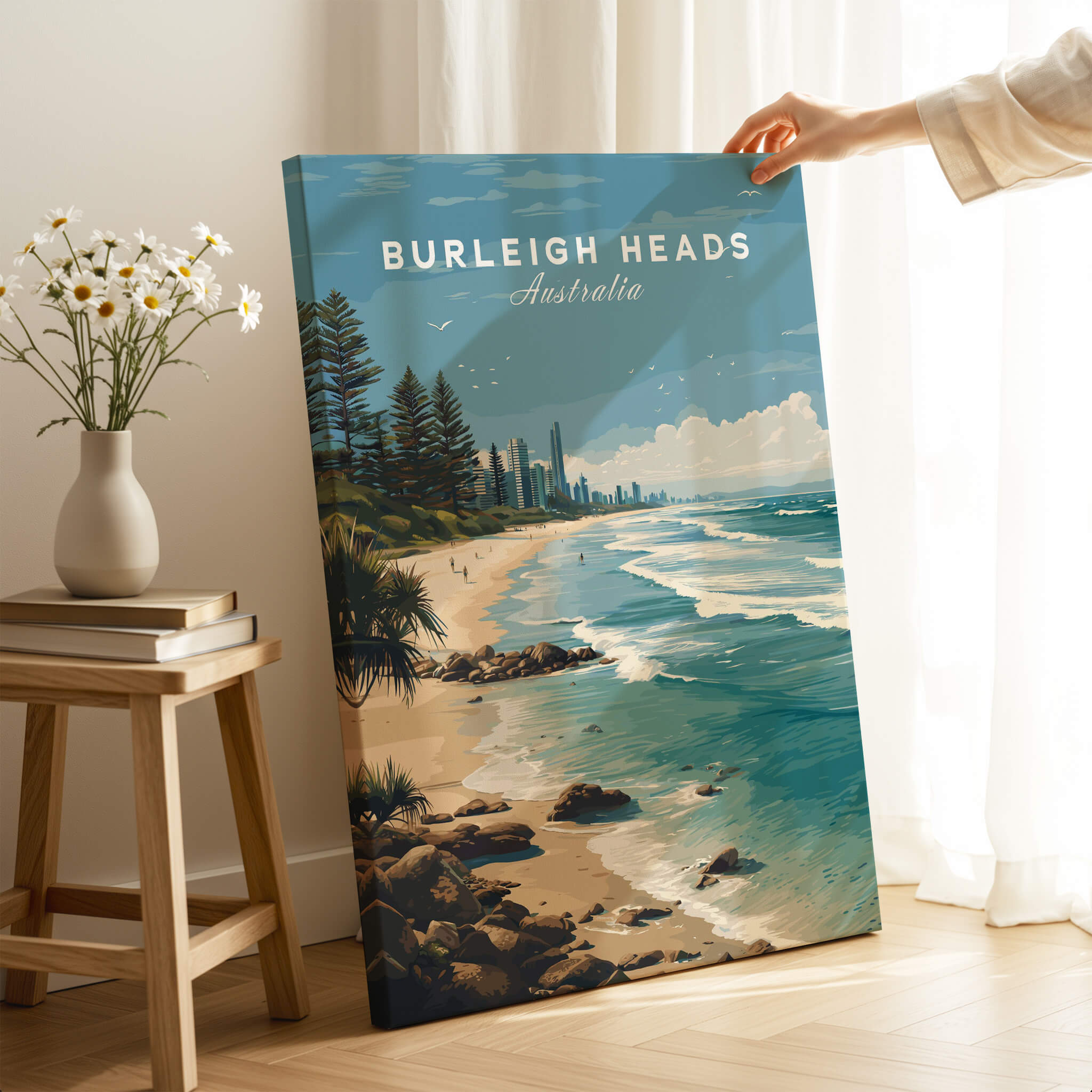 Burleigh Heads Australia Poster – Gold Coast Skyline & Iconic Surf Beach Wall Art displayed in a cozy interior setting.