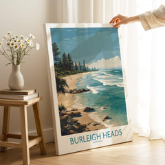 Burleigh Heads Travel Poster - Canvas Print showcasing the beautiful Gold Coast beach scenery in a stylish room.