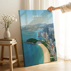 Busan South Korea city skyline canvas print with beach, propped in sunlit room