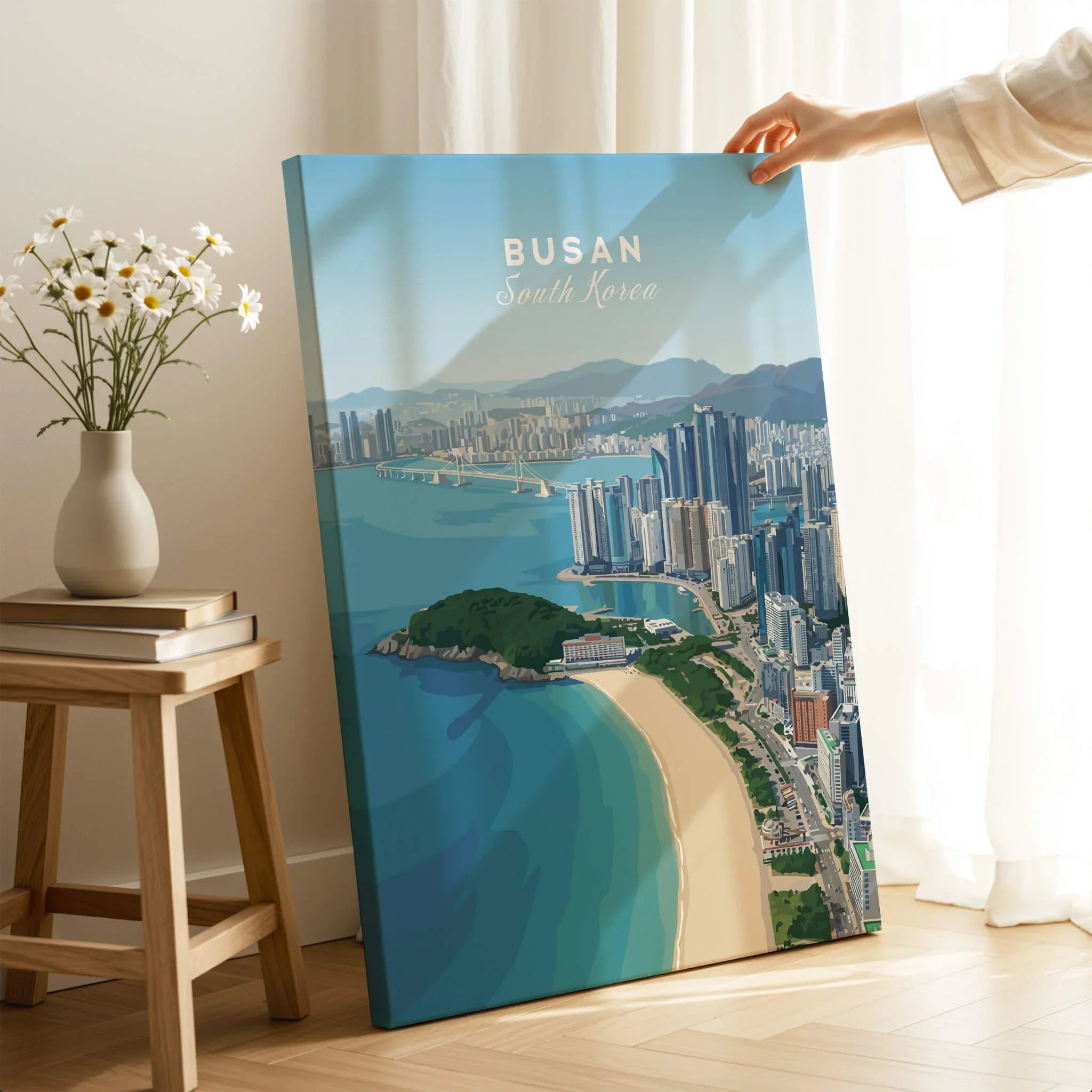 Busan South Korea city skyline canvas print with beach, propped in sunlit room