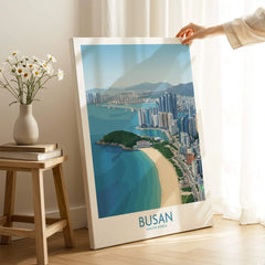 Busan city skyline wall art poster on canvas in a modern room with a vase on a stool
