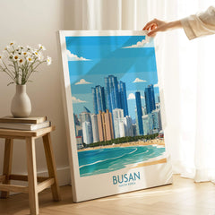 Busan skyline wall art canvas print with beach, displayed in a modern home decor setting