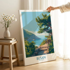 Busan travel poster canvas print with coastal landscape in bright, modern room setting