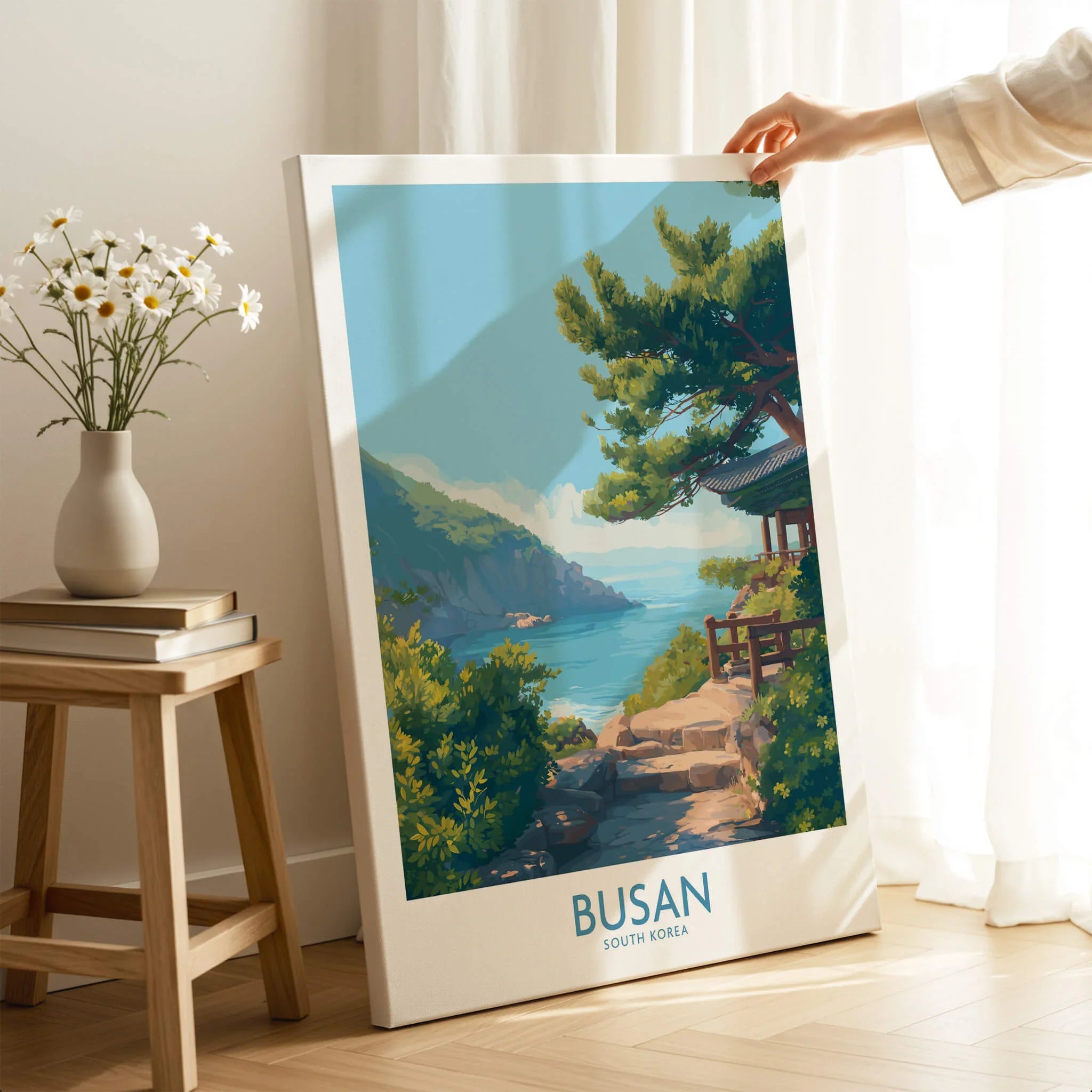Busan travel poster canvas print with coastal landscape in bright, modern room setting