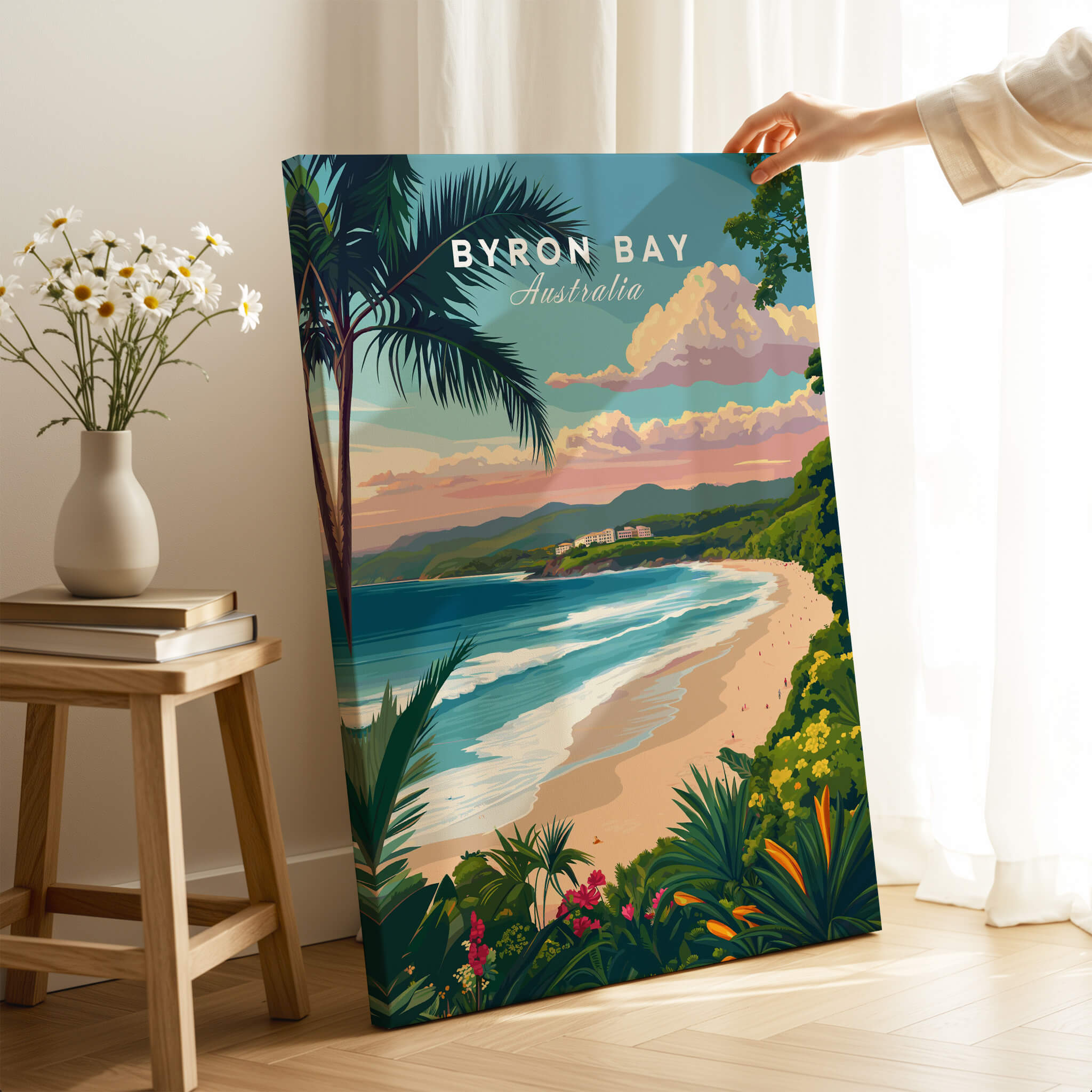 Byron Bay Australia Travel Poster showcasing the stunning coastline and vibrant flora of Byron Bay.