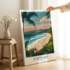 Byron Bay Poster - Australia Wall Art displayed in a cozy interior, showcasing the beauty of Byron Bay's coastline.