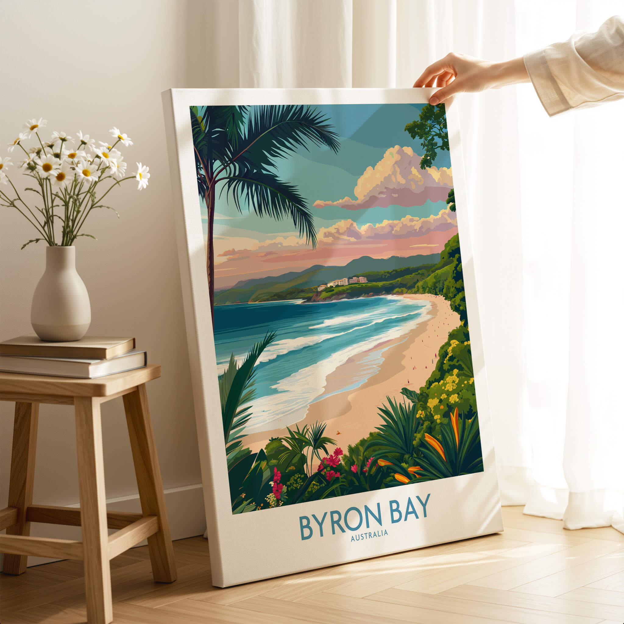 Byron Bay Poster - Australia Wall Art displayed in a cozy interior, showcasing the beauty of Byron Bay's coastline.