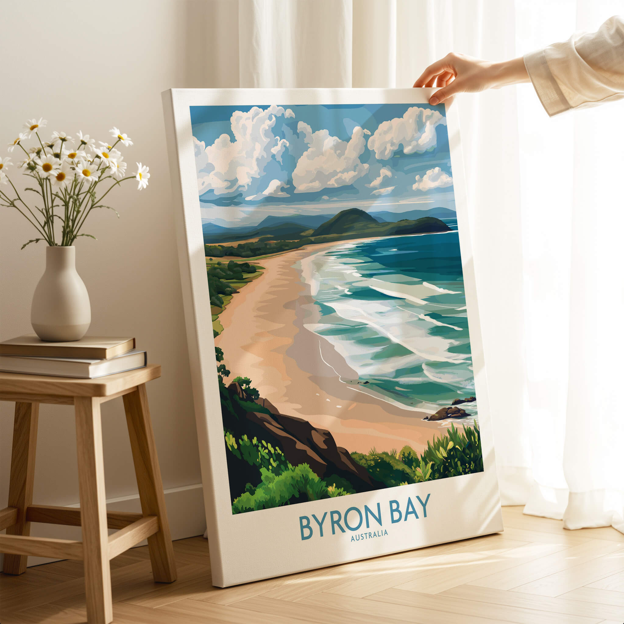Byron Bay Wall Art Print Australia showcasing the coastal landscape with waves and clouds, perfect for home decor.