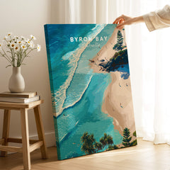 Byron Bay Art Print showcasing aerial view of sandy shores and turquoise waters, perfect for coastal decor.