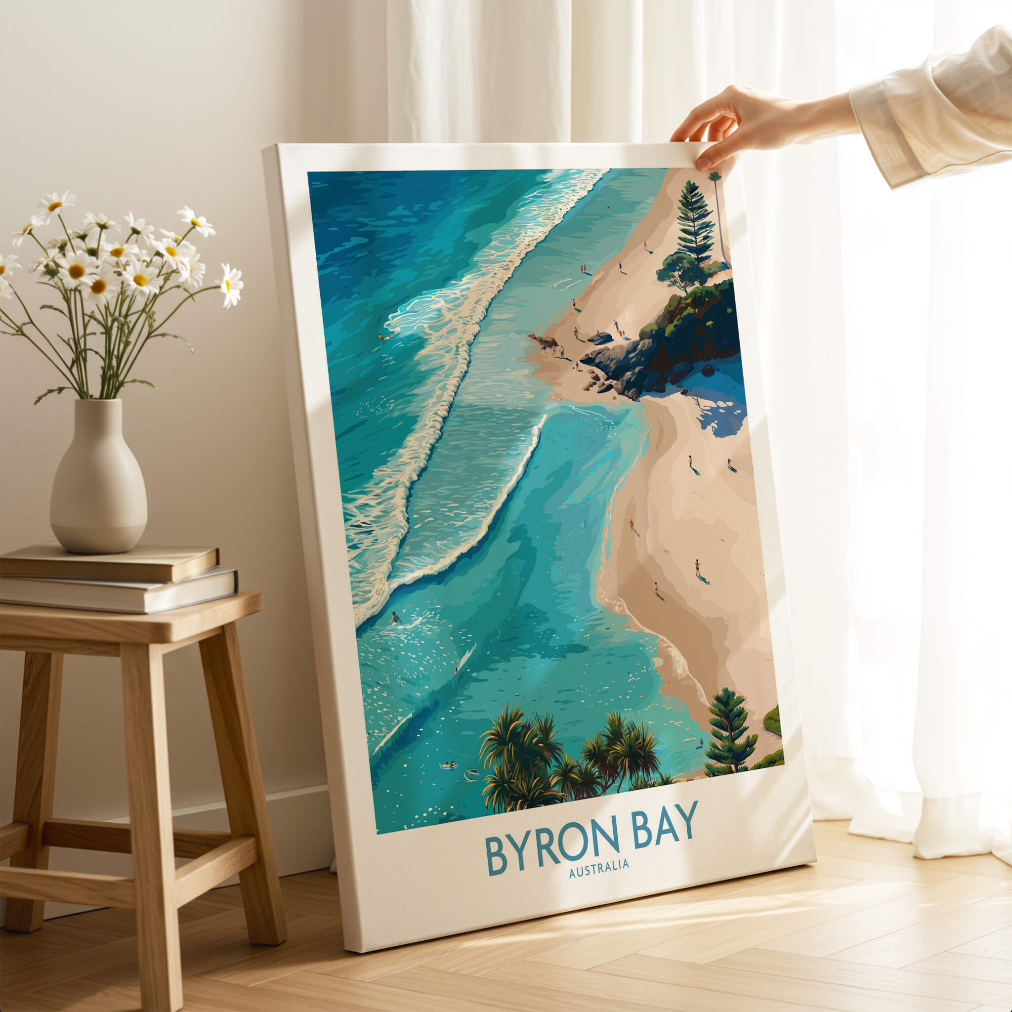 Byron Bay Beach Australia Canvas Art Print in a cozy interior setting with turquoise waters and sandy beach.
