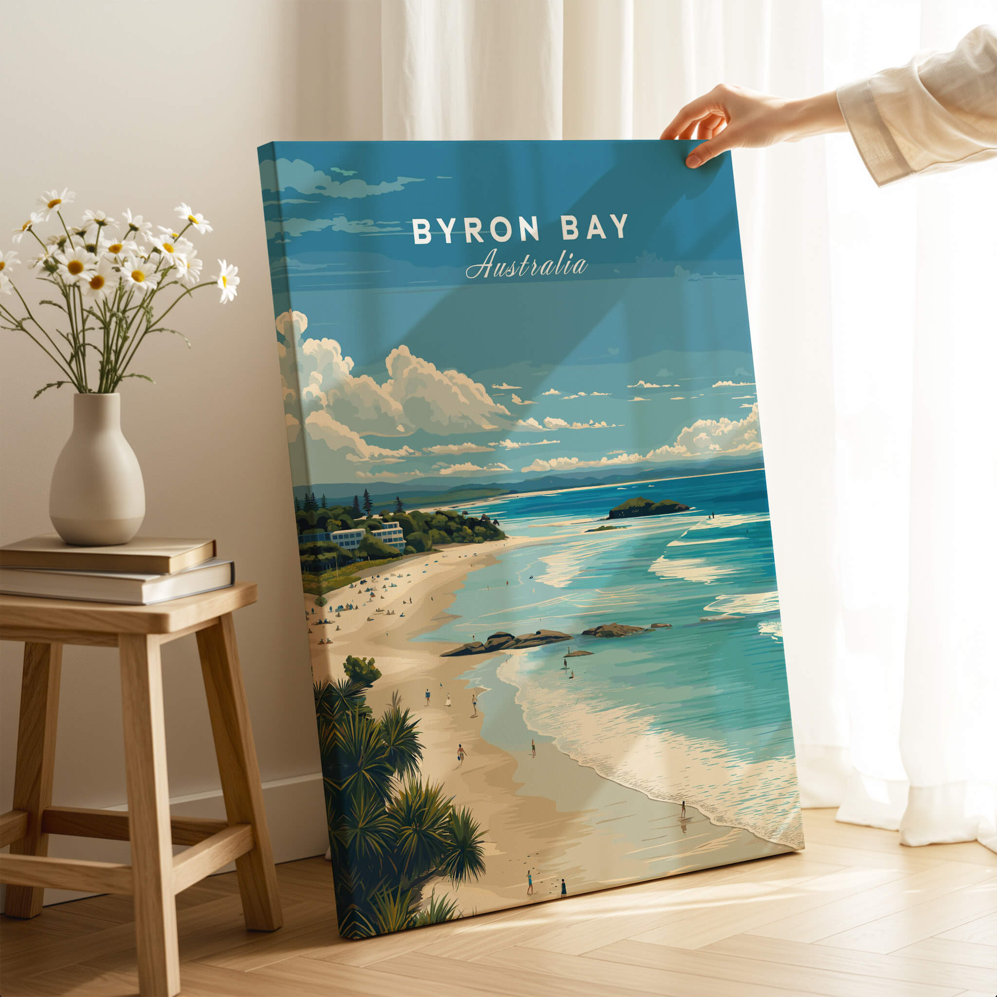 Byron Bay Poster - Canvas Beach Print showcasing a vibrant beach scene with coastal views of Australia.