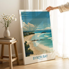Byron Bay Wall Art Australia Travel Print showcasing iconic beach and lighthouse view in a coastal living space.