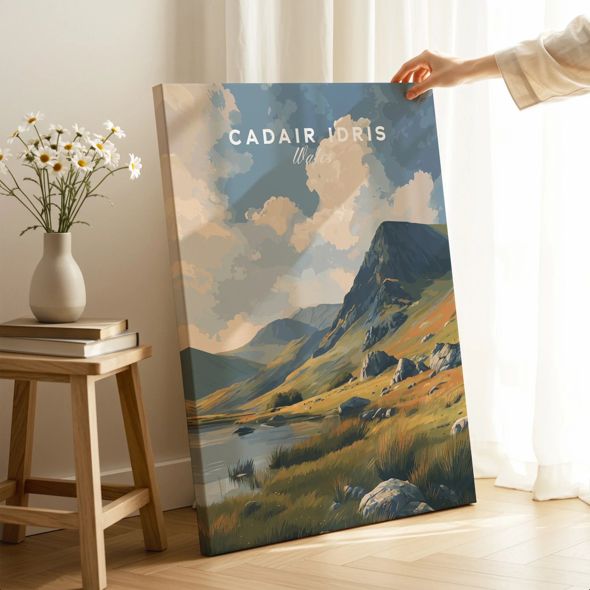 Canvas print of Cadair Idris mountain landscape held in cozy room with natural light