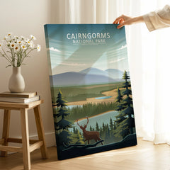 Cairngorms National Park canvas print with mountain, river, deer, and pine tree illustration