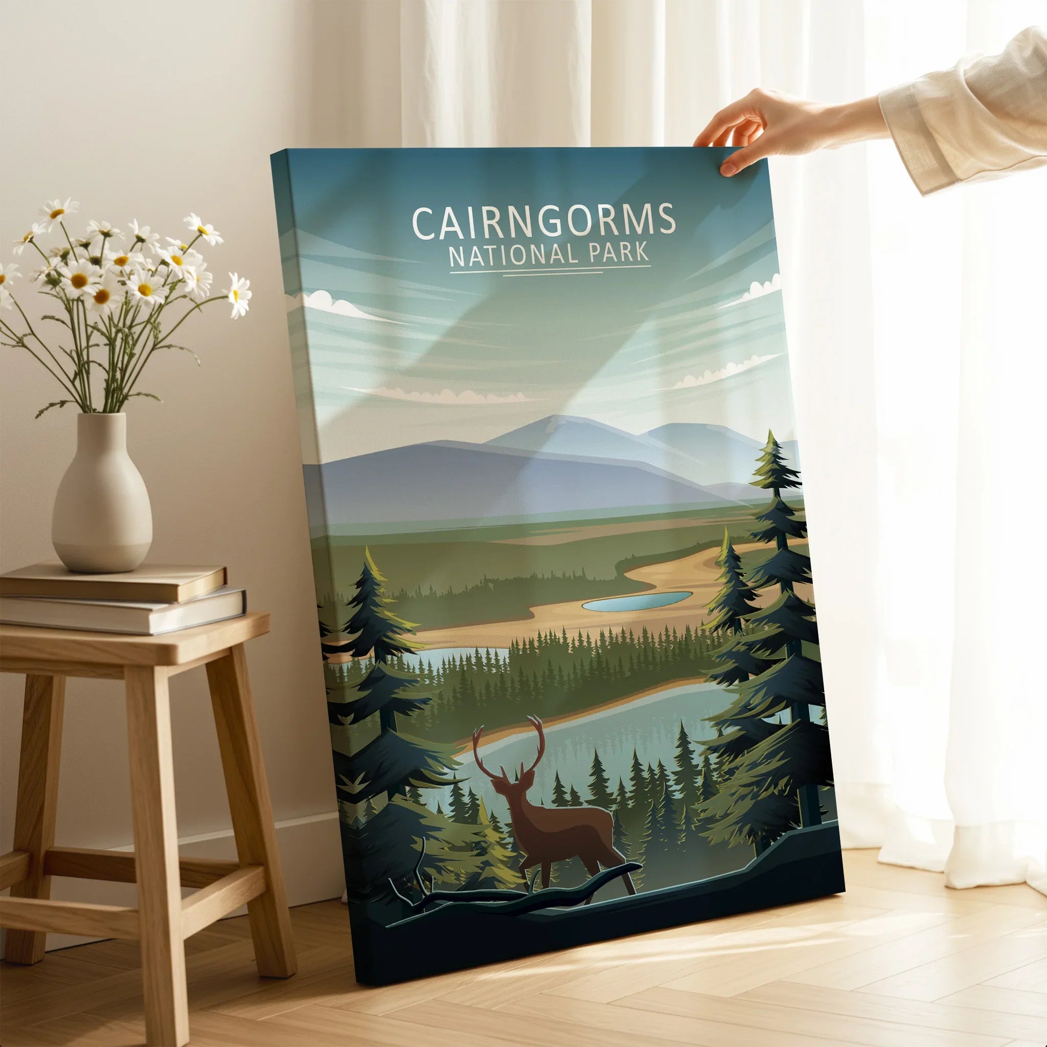 Cairngorms National Park canvas print with mountain, river, deer, and pine tree illustration