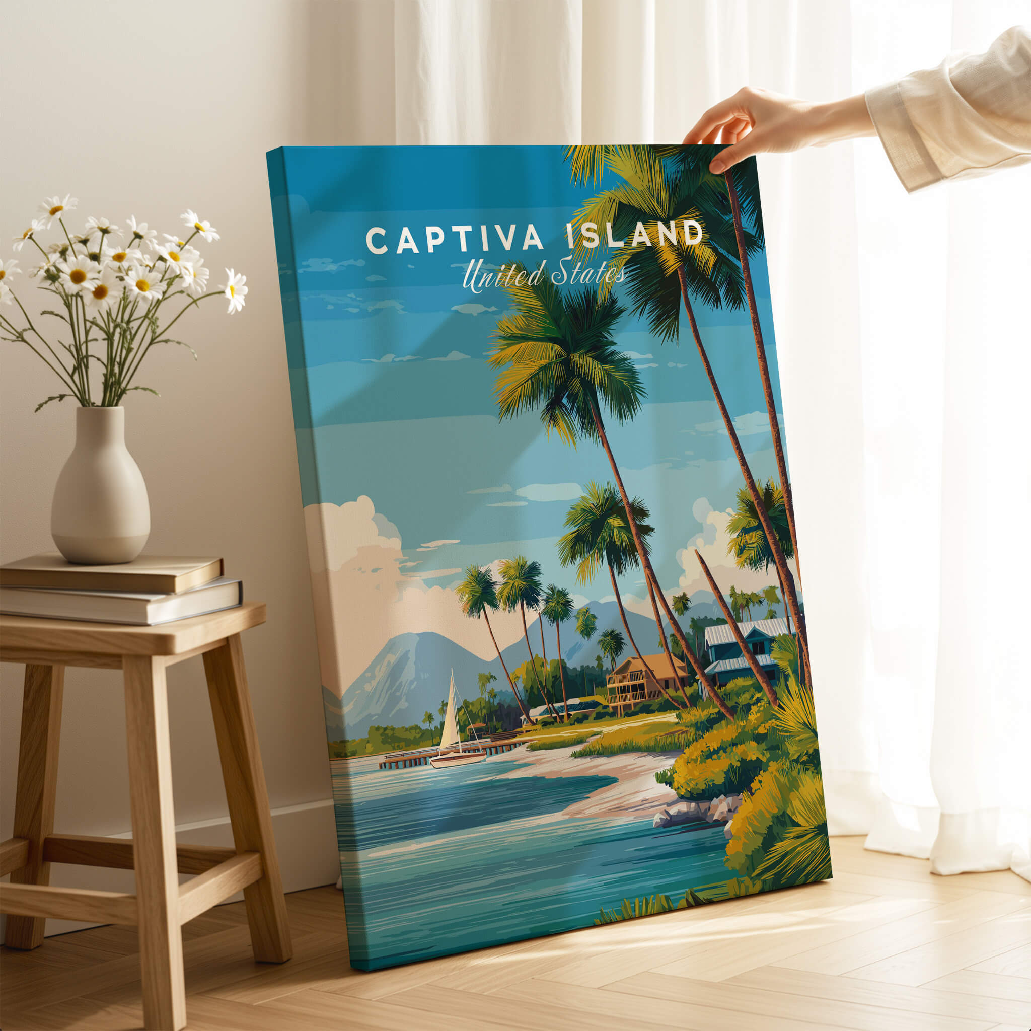 Captiva Island Travel Poster – Florida Beach Houses and Palm Trees Art featuring palm trees and beach view.