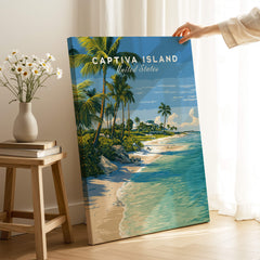 Captiva Island Travel Poster – White Sand Beach and Turquoise Water Art displayed in a bright room with palm trees.