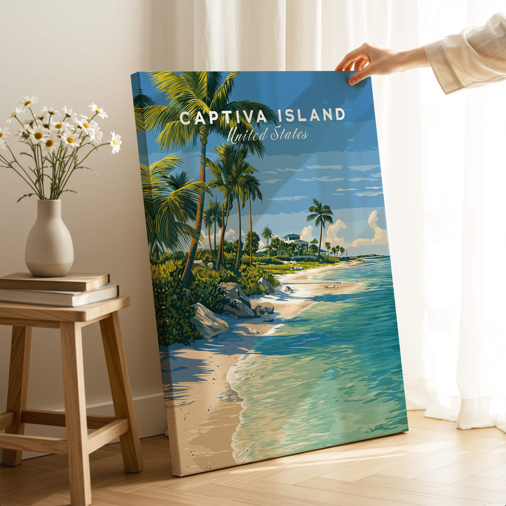 Captiva Island Travel Poster – White Sand Beach and Turquoise Water Art displayed in a bright room with palm trees.