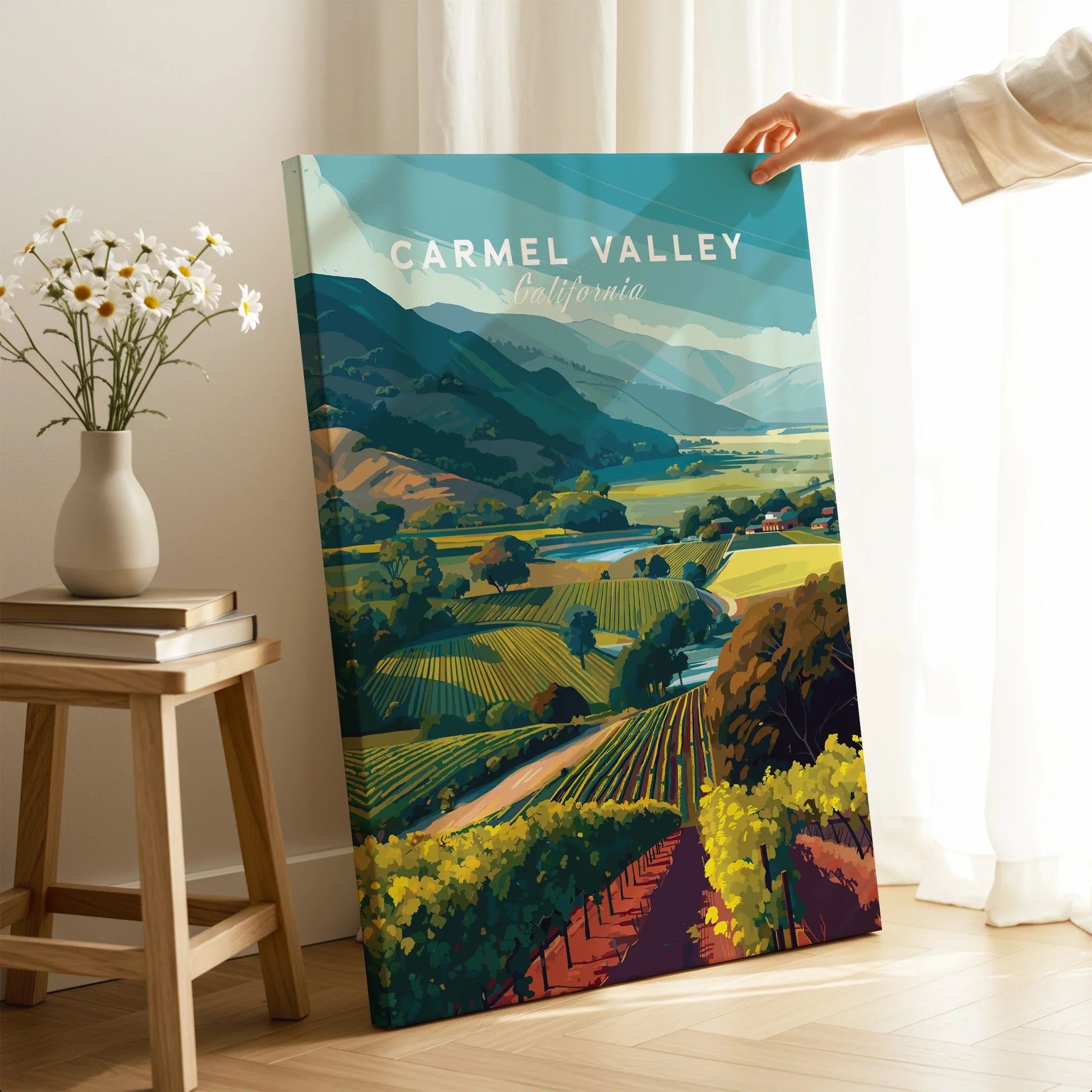 Carmel Valley California travel poster canvas print in modern living room setting