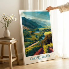 Carmel Valley California travel poster wall art print with scenic vineyard landscape in modern room