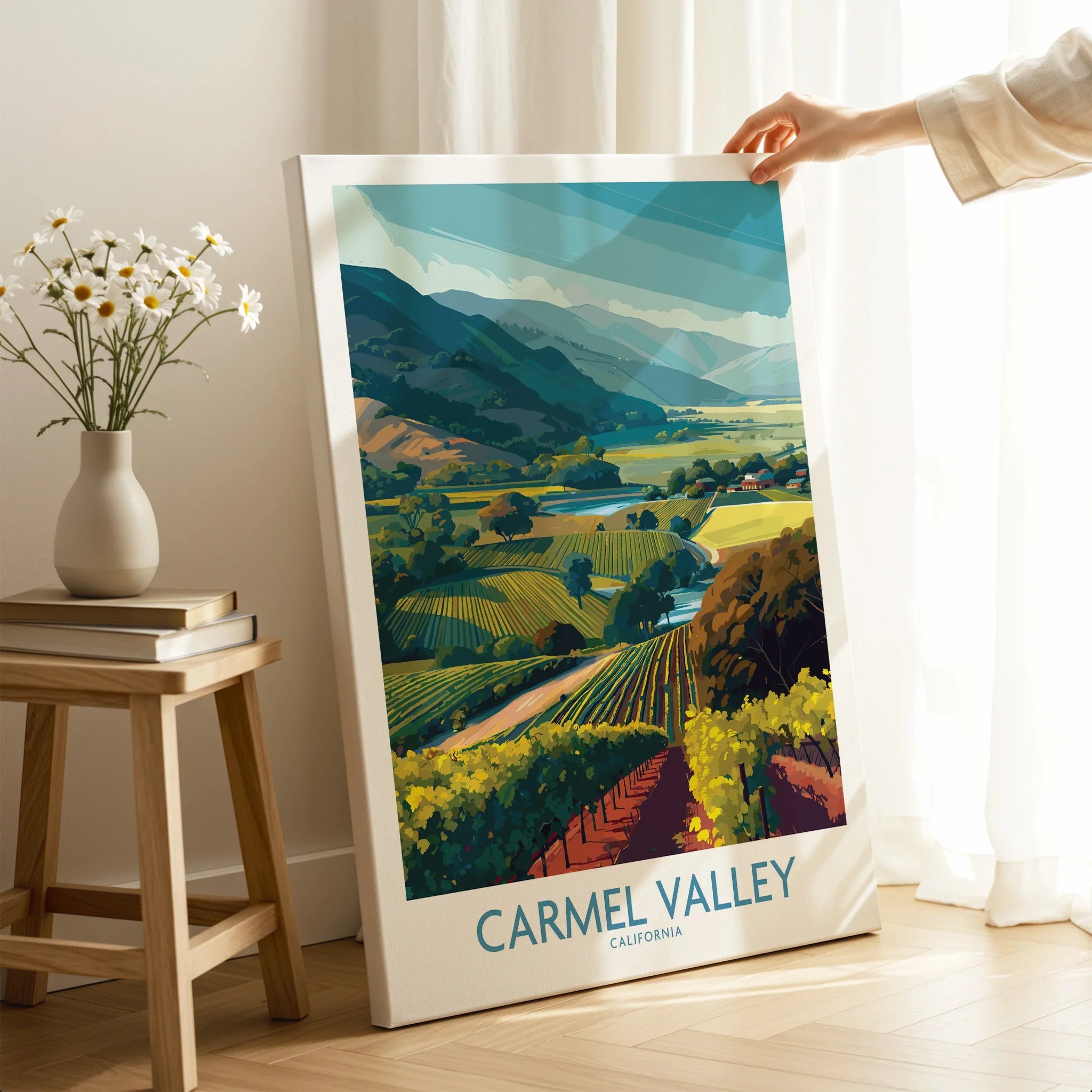 Carmel Valley California travel poster wall art print with scenic vineyard landscape in modern room