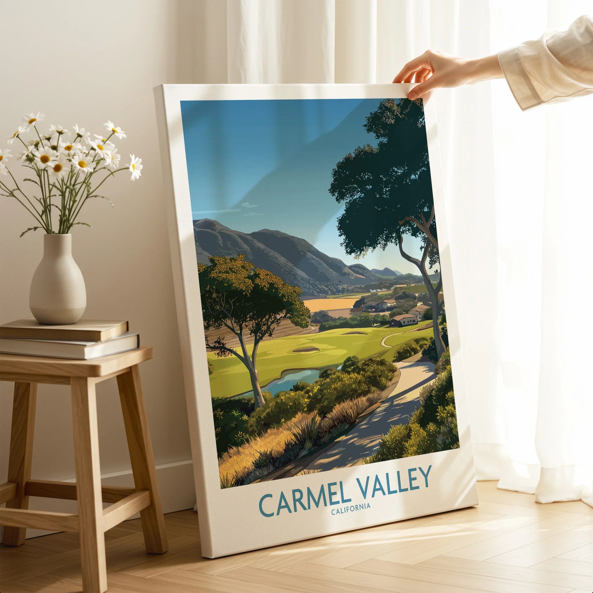 Carmel Valley California travel poster canvas print in bright modern room decor setting