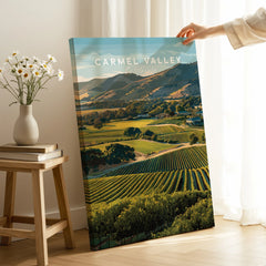 Carmel Valley California landscape canvas print with vineyards, displayed in a bright room.