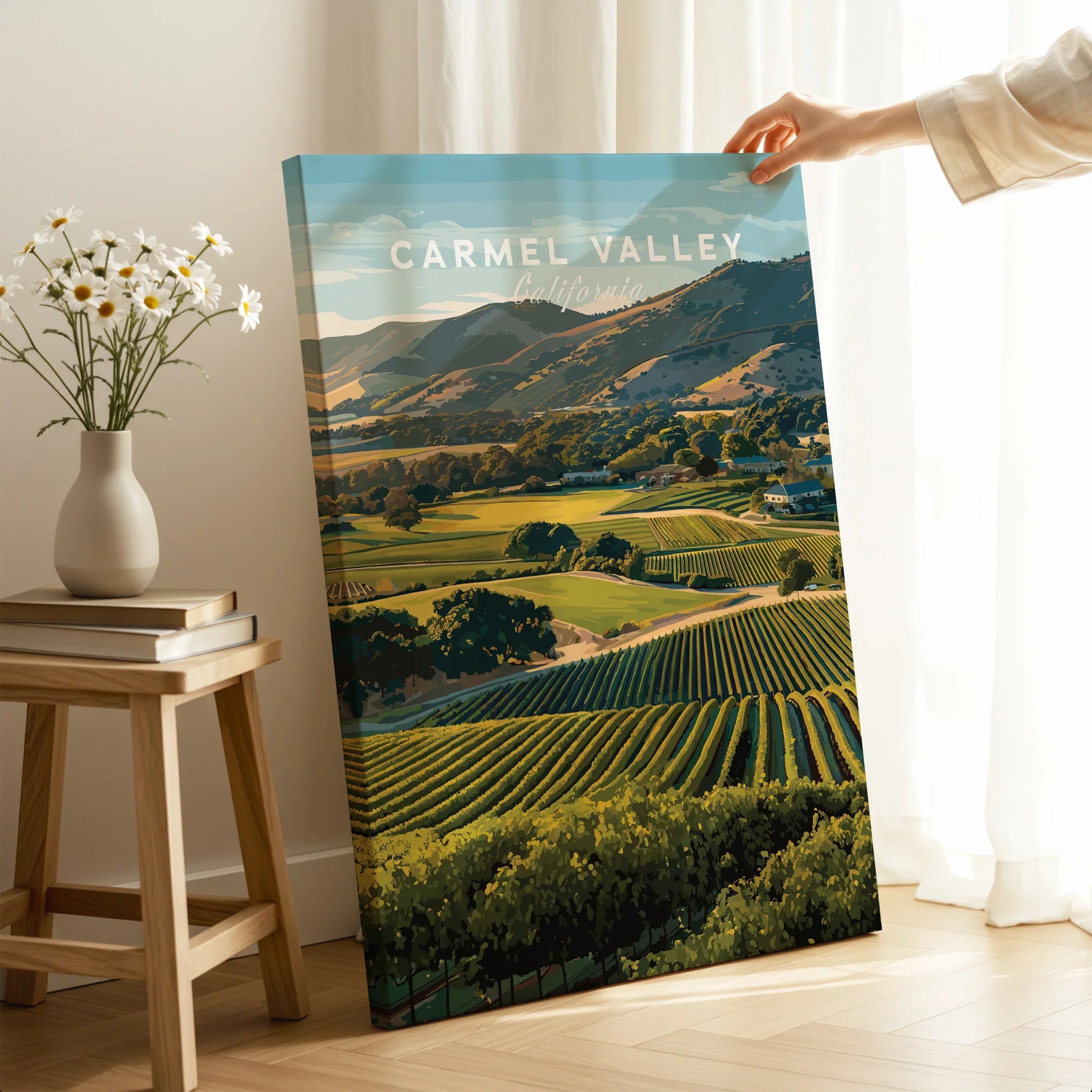 Carmel Valley California landscape canvas print with vineyards, displayed in a bright room.