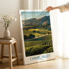 Carmel Valley travel poster canvas print with vineyard landscape in a cozy room setting