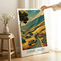 Carmel Valley California travel poster canvas print in cozy home decor setting