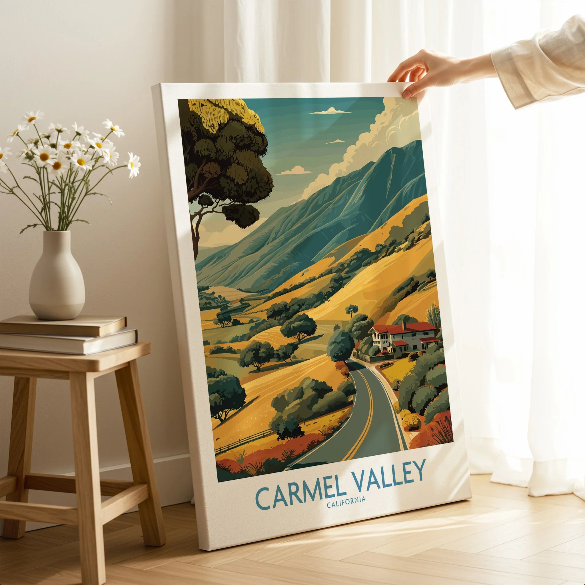 Carmel Valley California travel poster canvas print in cozy home decor setting