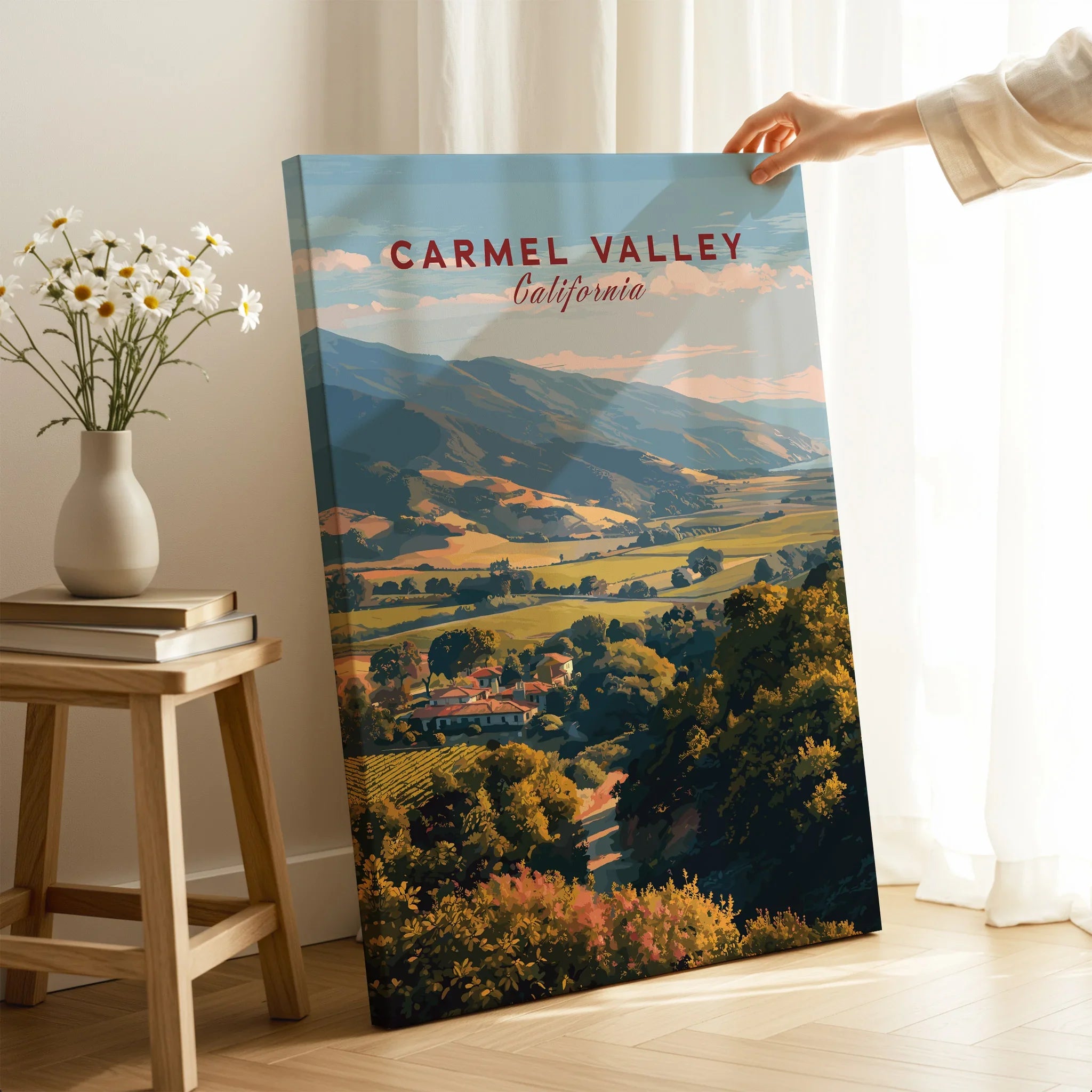 Carmel Valley California canvas wall art print in a cozy room with hand holding the edge