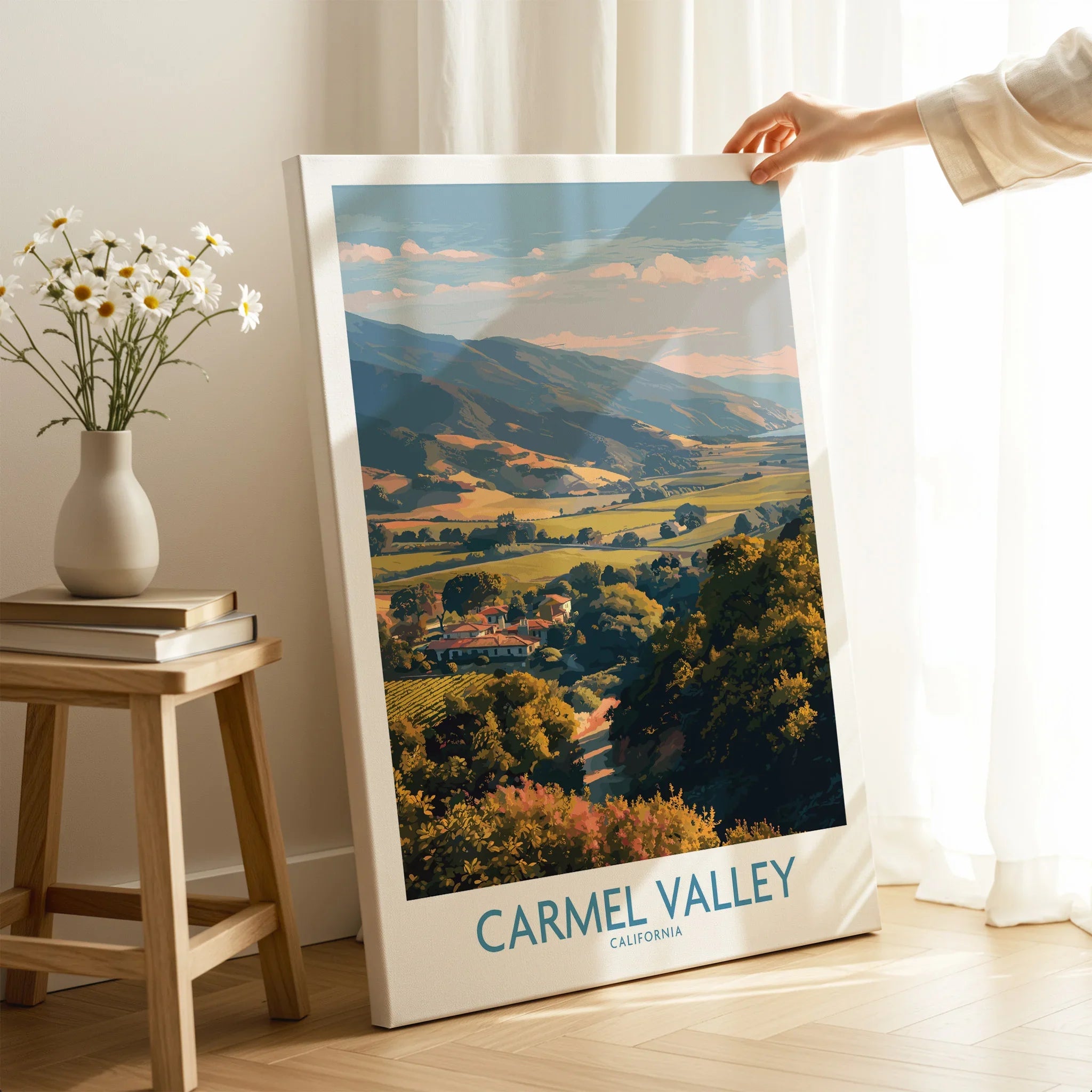 Carmel Valley California landscape canvas print with mountains, hand holding artwork in cozy room