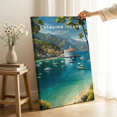 Catalina Island travel poster print with boats and shoreline in a modern room setting