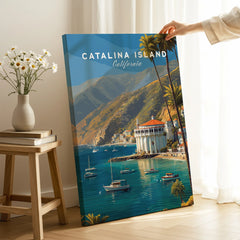 Catalina Island California travel poster print with scenic harbor, boats, and mountains in cozy room