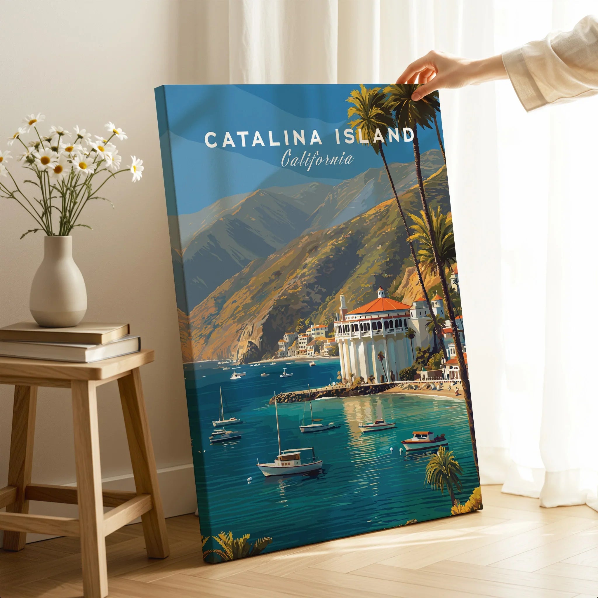 Catalina Island California travel poster print with scenic harbor, boats, and mountains in cozy room