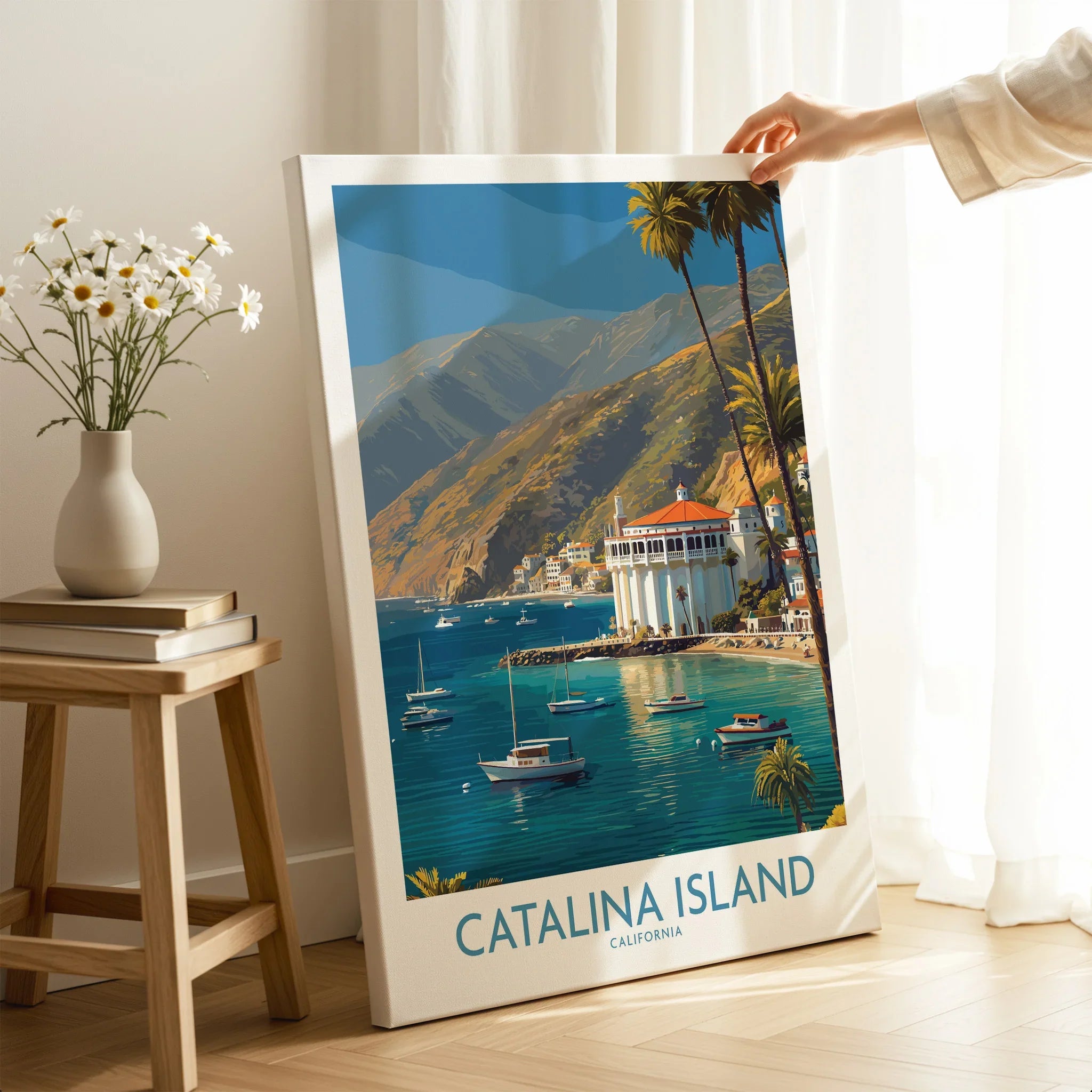 Catalina Island California travel poster canvas print with scenic coastline and boats in a modern living room setting