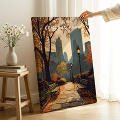 Central Park canvas wall art with autumn path, benches, and city skyline in a cozy room setting