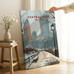 Central Park New York winter canvas print with snowy path and city skyline in cozy room
