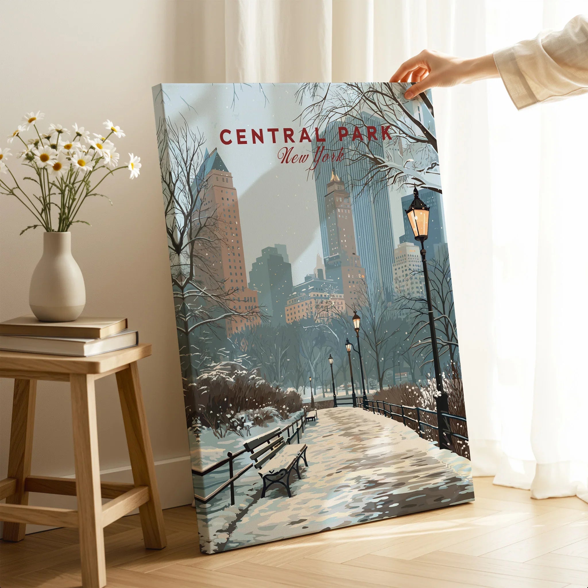 Central Park New York winter canvas print with snowy path and city skyline in cozy room