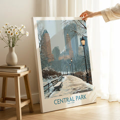 Central Park New York winter skyline canvas print leaning in modern home decor setting