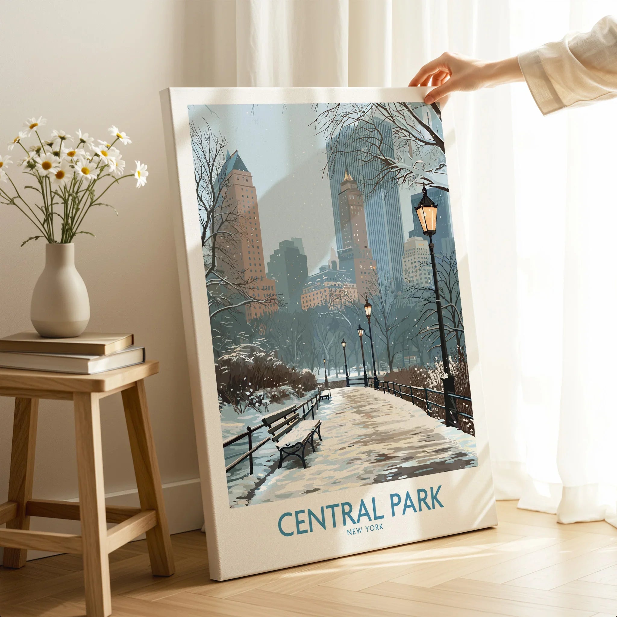 Central Park New York winter skyline canvas print leaning in modern home decor setting