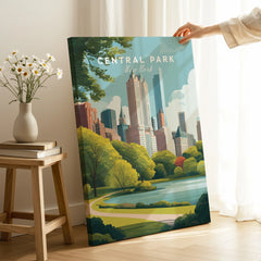 Central Park New York canvas print with city skyline, hand holding artwork in bright room