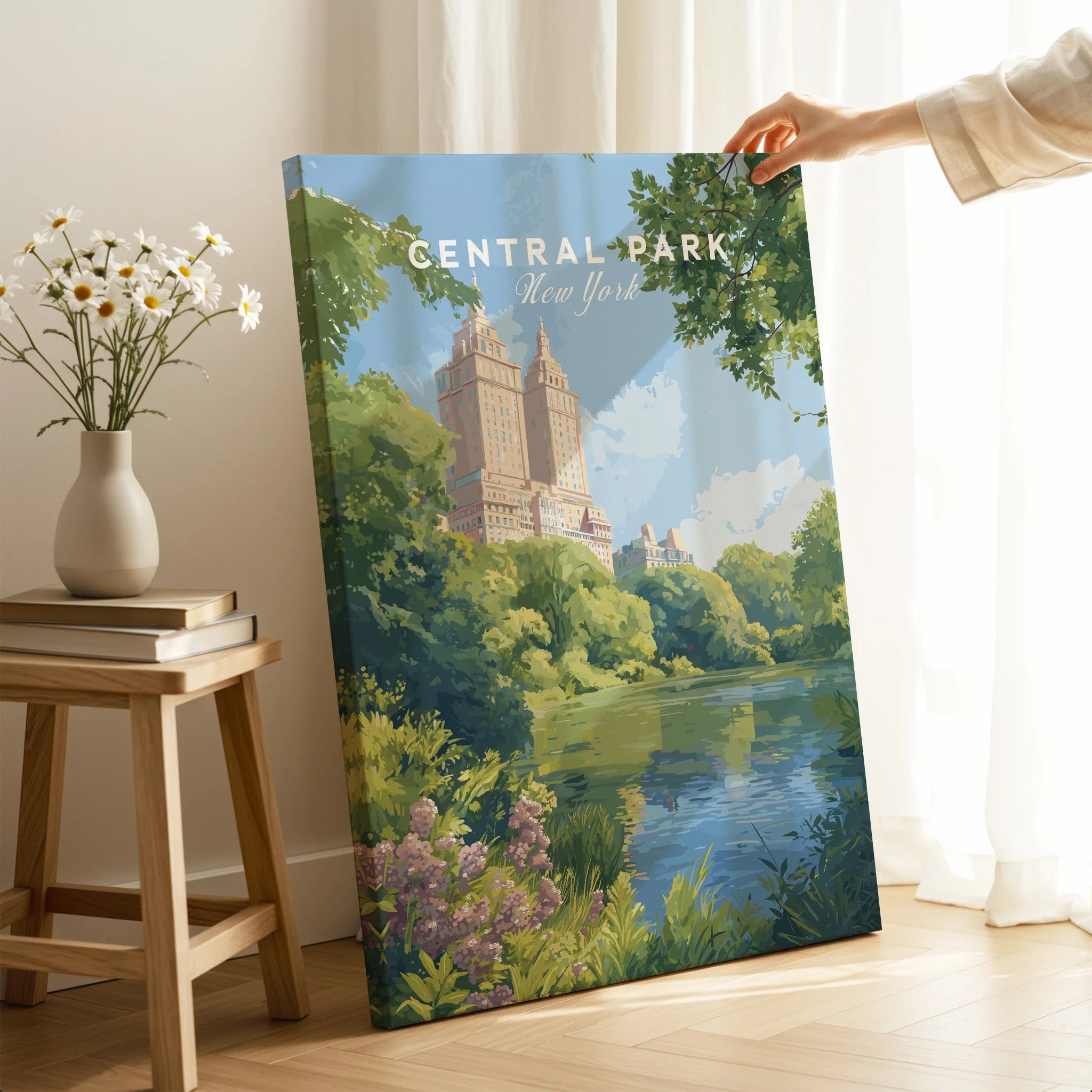 Central Park New York canvas print with city skyline in sunlit room, nature wall art decor