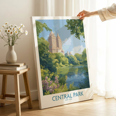 Central Park New York canvas wall art with city skyline, hand holding print in home decor setting
