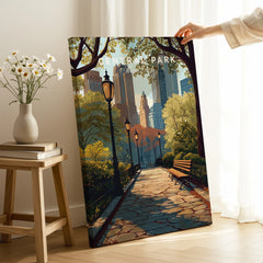 Central Park canvas print with city skyline, hand holding art in modern room setting